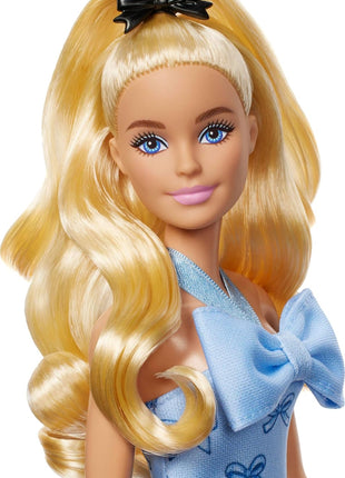 Barbie Fashionistas Doll #237 with Wavy Blonde Ponytail Wearing Blue Bow Halter Dress, Black Hair Bow Accessory and Matching Blue Heels | Blue Bow Halter Dress, Black Hair Bow Accessory, Matching Blue Heels