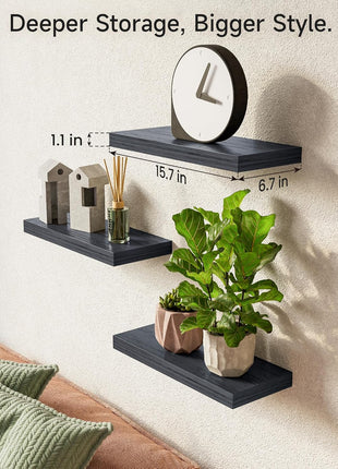 BAYKA Floating Shelves for Wall, Wall Mounted Rustic Wood Shelves for Bathroom, Bedroom, Living Room, Kitchen, Hanging Shelf for Books/Storage/Room Decor with 22lbs Capacity (Black, Set of 3, 15.7in)