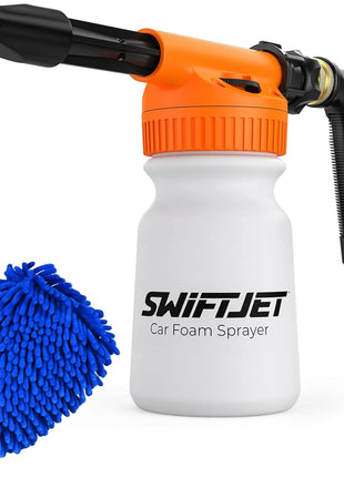 SwiftJet Car Wash Foam Gun + Microfiber Wash Mitt - Foam Cannon Works with Any Soap - Garden Hose Car Foam Sprayer - Car Wash Kit - Car Accessories Foam Blaster (Orange Foam Gun with Mitt)