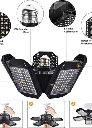 Mefflypee 2 Pack LED Garage Lights, 120W Deformable LED Garage Ceiling Light with 5 Adjustable Panels, 12000LM E26 Shop Lamp for Basement, Barn, High Bay, Store (2 Pack)