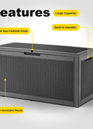 100 Gallon Deck Box,Resin Outdoor Storage Box with Lockable for Patio Furniture, Pool Accessories, Garden Tools Waterproof Outside Storage Box, Black