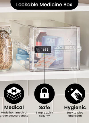 Lockabox OneTM | Premium Lock Box | Medium Combination Lock Box For Food, Medicine & Home Safety | External Size 12 x 8 x 6.6 inches (Crystal)