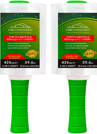 2-Pack Industrial Mini Clear Stretch Wrap Film 80 Gauge 5.1" 1000ft for Pallet Wrap with Plastic Handle,Durable Self-Adhering Packing,Moving,Packaging,Heavy Duty Shrink Film Chuangseed