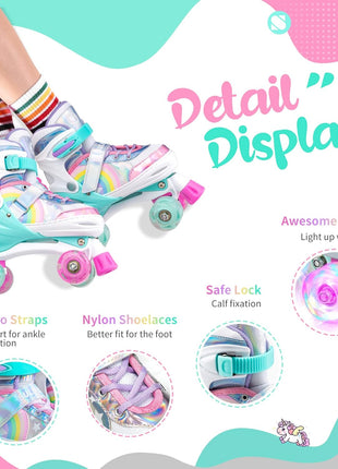 Rainbow Unicorn 4 Size Adjustable Roller Skates for Girls Boys for Kids Ages 3-5 5-8 6-12 Children Skates Indoor Outdoor
