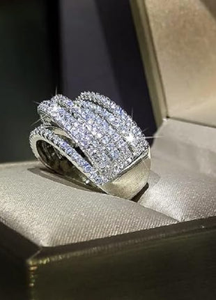 S925 Sterling Silver Luxury Fashion Shiny Full Diamond Multilayer Geometric Ring Cubic Zirconia Rings Anniversary Ring CZ Diamond Eternity Engagement Wedding Rings Women Jewelry Size 6-10 CZC704