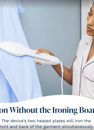 Nori Press Travel Steam Iron - Handheld Iron with 6 Fabric Settings - White | Optional steam feature, no ironing board required, removes wrinkles, easy to use, user manual included