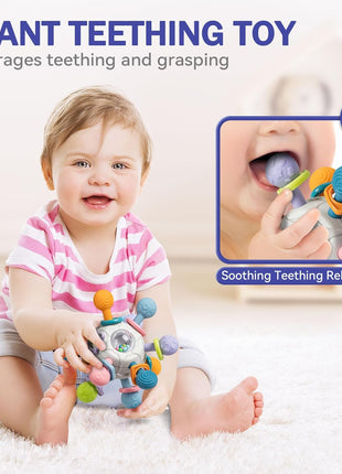Baby Toys 6 to 12 Months, 5 In 1 Montessori Toys for 1 Year Old, Incl Travel Pull String Toy & Rattle Teether & Stacking Baby Block & Soft Infant Ring & Sensory Ball for Toddler 0-3-6-9-12 Month