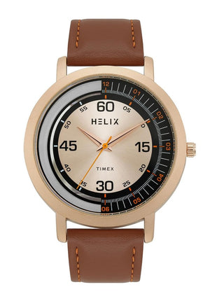 Helix by Timex Analog Watch for Man with Rose Gold Round Dial & Brown Leather Strap Band Water Resistant Men's Wrist Watches - TW063HG00T