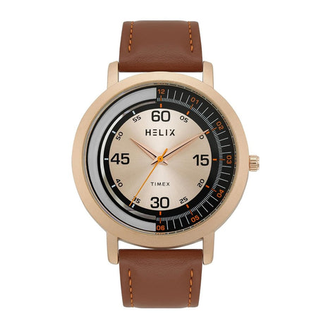 Helix by Timex Analog Watch for Man with Rose Gold Round Dial & Brown Leather Strap Band Water Resistant Men's Wrist Watches - TW063HG00T