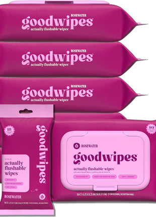 goodwipes Flushable Butt Wipes Made with Vitamin E & Aloe - Soft & Gentle Wet Wipe Dispenser for Home Use, Septic & Sewer Safe - Largest Adult Toilet Towelettes - Rosewater, 360 Count (6 Packs)