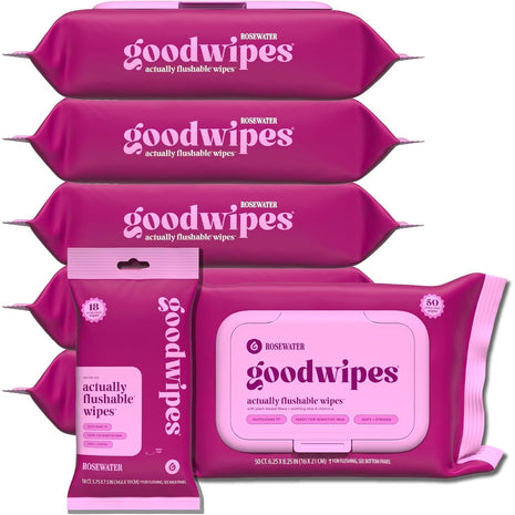 goodwipes Flushable Butt Wipes Made with Vitamin E & Aloe - Soft & Gentle Wet Wipe Dispenser for Home Use, Septic & Sewer Safe - Largest Adult Toilet Towelettes - Rosewater, 360 Count (6 Packs)