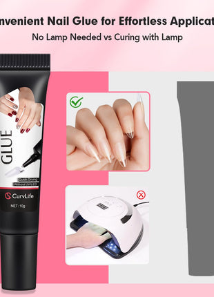 Curvlife Newly Upgraded Quick Drying 10g Semi Solid Nail Glue with 10ml Remover for Press On Nails Tips No Need for UV Lamp Long Lasting Fake Acrylic Nails Kit Glue Gel