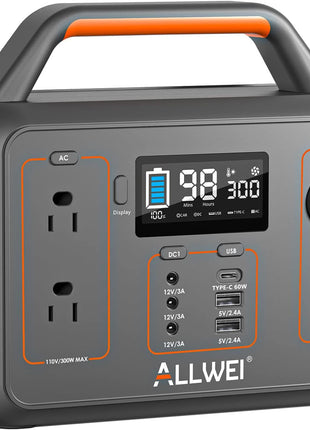 ALLWEI Portable Power Station 300W, 280Wh Solar Generator with 110V Pure Sine Wave AC Outlet, Backup Lithium Battery Generator for CPAP Outdoor RV Camping Emergency Home Use