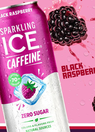 Sparkling Ice Caffeine Black Raspberry Sparkling Water with Caffeine, Zero Sugar, with Antioxidants and Vitamins,16 fl oz Cans (Pack Of 12)
