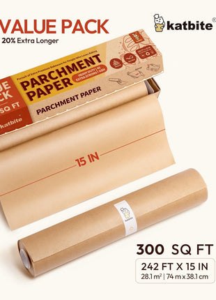 Katbite Unbleached Parchment Paper Roll, 15in x 242ft, 300 Sq.Ft, Non-Stick with Serrated Cutter for Baking, Cooking, Air Fryer
