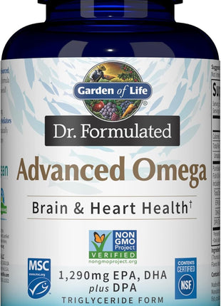 Garden of Life Dr. Formulated Advanced Omega Fish Oil - Lemon, 1,290mg EPA, DHA + DPA in Triglyceride Form, Single Source Omega 3 Supplement for Ultimate Brain & Heart Health, Non-GMO, 180 Softgels