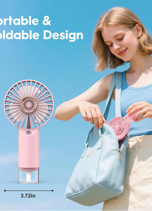 Portable Personal Misting Fan, Handheld Rechargeable Cooling Fan, 3-Speed, Suitable for Travel, Beach and Office Use Pink
