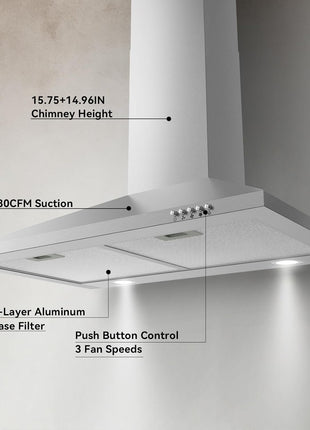 Hermitlux Range Hood 30 inch Stainless Steel, Wall Mount Vent Hood for Kitchen with Charcoal Filter, Ducted/Ductless Convertible