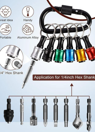 Push to Unlock,Katerk 6pcs 1/4 inch Hex Shank Aluminum Alloy Screwdriver Bit Holder Light-Weight Quick-Change Extension Bar Keychain Drill Screw Adapter Portable,Black Carabiner,Tool Gifts for Men