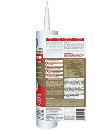 GE Advanced Silicone Caulk for Kitchen & Bathroom, White, 10 fl oz Cartridge, 1 Pack - 100% Waterproof Silicone Sealant, 5X Stronger Adhesion, Shrink & Crack Proof