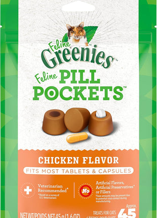Greenies Feline Pill Pockets for Cats Natural Soft Cat Treats, Chicken Flavor, 3 oz. Pouch (85 Treats)