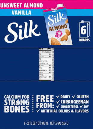 Silk Shelf-Stable Almond Milk, Unsweetened Vanilla, Dairy-Free, Vegan, Non-GMO Project Verified, 1 Quart (Pack of 6)