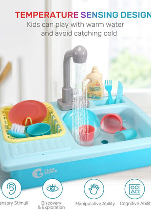CUTE STONE Color Changing Kitchen Sink Toys, Children Electric Dishwasher Playing Toy with Running Water, Upgraded Faucet, Automatic Water Cycle System Play House Pretend Role Play Toys for Boys Girls