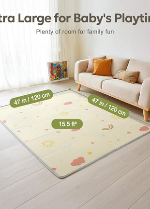 Extra Large Foldable Play Mat, Reversible Baby Play Mat with Edge Reinforcement, Non-Toxic & Waterproof Baby Mat for Floor, Foam Playmat for Infants Toddlers, Rainbow, Cloud & Moon, 50''x50''