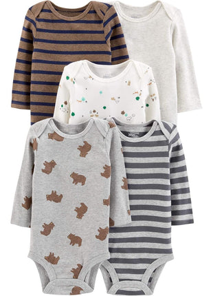 Simple Joys by Carter's Baby Boy's 5-Pack Long-Sleeve Bodysuit Shirt, bears/animals green/stripes, 3-6 Months