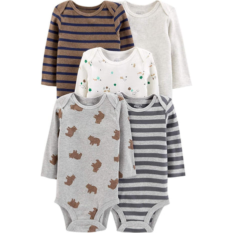 Simple Joys by Carter's Baby Boy's 5-Pack Long-Sleeve Bodysuit Shirt, bears/animals green/stripes, 3-6 Months