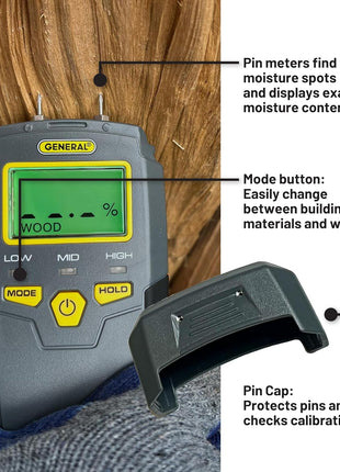 General Tools MMD4E Digital Moisture Meter, Water Leak Detector, Moisture Tester, Pin Type, Backlit LCD Display With Audible and Visual High-Medium-Low Moisture Content Alerts, Grays