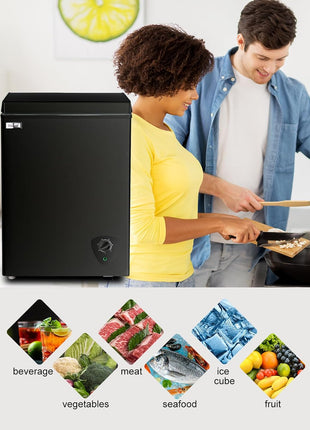 Deep Chest Freezer 3.5 Cu.Ft Mini Freezer Black for Apartment Kitchen | Free-Standing Top Door, 7 Level Adjustable Thermostat, Removable Basket, Low Noise