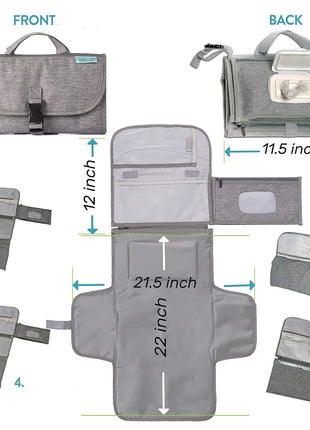 Kopi Baby Portable Diaper Changing Pad - Baby Diaper Changer Travel Bag with Wipes Pocket, Smart Design Portable Changing Mat, Infant Travel Station Kit, Gift for Newborn Girl & Boy - Grey, Classic