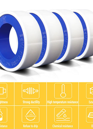 VOTMELL 4 Rolls 1/2 Inch(W) X 520 Inches(L) Teflon Plumbers Tape,Pipe Sealing & Plumbing Thread Tape,PTFE Water Sealant Seal for Shower Head,White