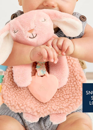 Itzy Ritzy - Itzy Lovey Including Teether - Baby Lovey with Teether, Textured Ribbons & Dangle Arms - Features Crinkle Sound, Sherpa Fabric and Minky Plush (Pink Bunny)