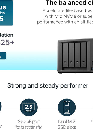Synology DS425+ Private Cloud Media Server - Stream, Back Up & Share Files (4-Bay Diskless NAS)