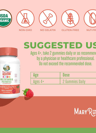 MaryRuth Organics Kids Vitamins | USDA Organic | Multivitamin Gummies + Postbiotics for Ages 4+ | Lactobacillus Rhamnosus | Vegan | Non GMO | 60 Count