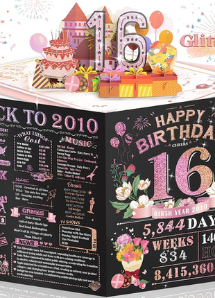 16th Birthday Card for Women Her, Large 3D Pop Up 16th Birthday cards for Mom Wife, Happy 16 Year Old Birthday Decorations for Grandma, Mother, Daughter Funny Birthday Gifts, Back to 2010, Pink