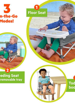 Bright Starts Pop 'N Sit Portable Booster, Indoor/Outdoor Use, Floor Seat with Feeding Tray, Grey, 6 Mos - 3 Yrs