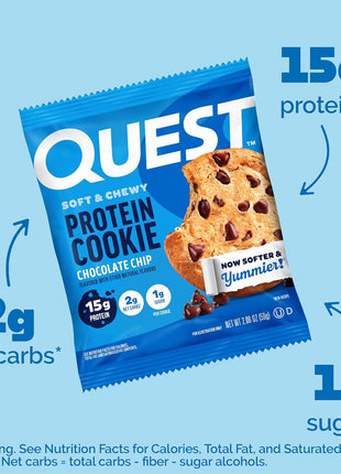 Quest Nutrition Chocolate Chip Protein Cookie, 15g Protein, 1g Sugar, 2g Net Carbs, Keto Friendly, High Protein, Low Carb; 12 Count