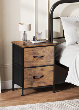 WLIVE Night Stand, Small 2 Drawer Dresser, Nightstand with Fabric Bins for Bedroom, Closet, Dorm, Rustic Brown Wood Grain Print, 11.8 inch D x 15.7 inch W x 20.9 inch H