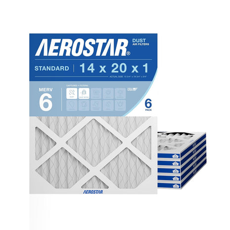 Aerostar 14x20x1 MERV 6 Pleated Air Filter, AC Furnace Air Filter, 6 Pack (Actual Size: 13 3/4 inchx 19 3/4 inch x 3/4 inch)