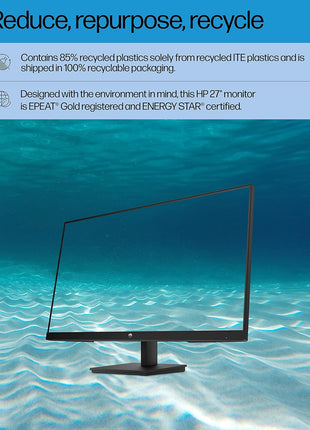 HP 27h Full HD Monitor - Diagonal - IPS Panel & 75Hz Refresh Rate - Smooth Screen - 3-Sided Micro-Edge Bezel - 100mm Height/Tilt Adjust - Built-in Dual Speakers - for Hybrid Workers