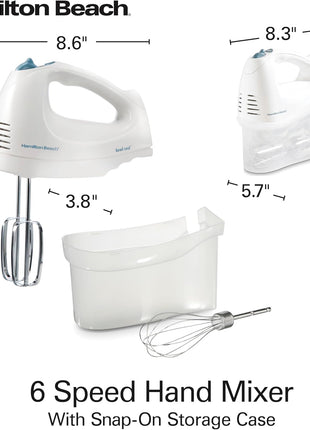 Hamilton Beach 6-Speed Electric Hand Mixer With QuickBurst and Bowl Rest | Powerful 250 Watt Motor | Traditional Beaters | Snap-On Storage Case | White | 62682G