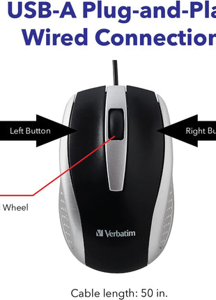 Verbatim Wired USB Computer Mouse - Corded USB Mouse for Laptops and PCs - Right or Left Hand Use, Silver 99741