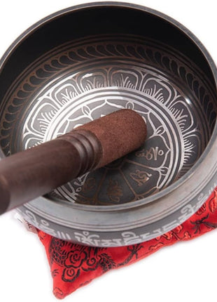 Premium Tibetan Singing Bowl Set – Handmade in Nepal Sound & Meditation Bowl – Spiritual Decor for Yoga, Wellness Spaces & Relaxation by Himalayan Bazaar (Brown & Red)