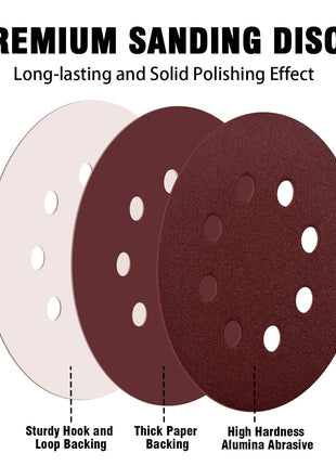 52 Pack 5 Inch 8-Hole Hook and Loop Sanding Discs Sandpaper Red Round 60 80 120 220 320 Mixed Grits Sandpaper for Random Orbital Sander