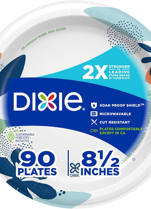 Dixie Medium Paper Plates, 8.5 Inch, 90 Count, 2X Stronger*, Microwave-Safe, Soak-Proof, Cut Resistant, Disposable Plates For Everyday Breakfast, Lunch, & Dinner Meals