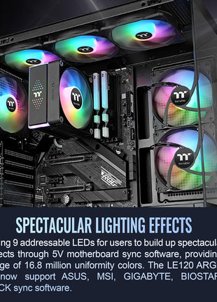 Thermaltake LE120 ARGB PWM Fan (3 Pack), PWM controlled 500~1500 rpm, 5V Motherboard Sync, 16.8 Million Colors 9 Addressable LEDs, Airflow 66.1 CFM, 120mm Hydraulic Bearing, Case Fan, CL-F204-PL12SW-A