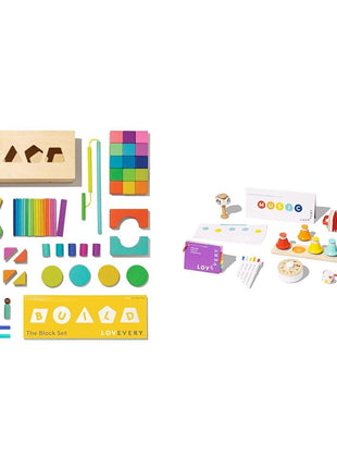 Lovevery | The Block Set | Solid Wood Building Blocks and Shapes + Wooden Storage Box, 70 Pieces & The Music Set | 6 Instruments and Rhythm & Songs Book, Toddler and Kids Music Toys